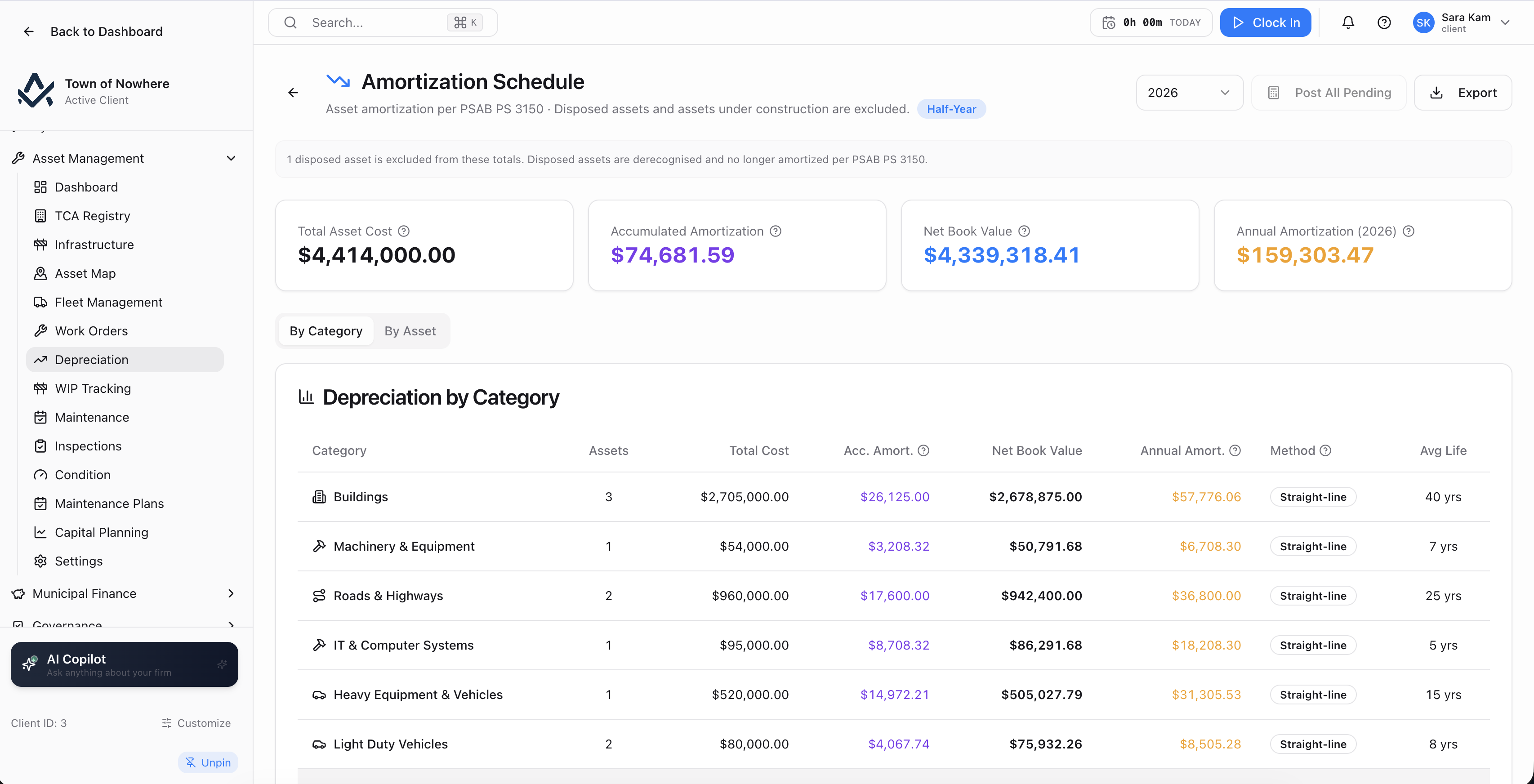 Depreciation screen showing amortisation by category with cost, accumulated amortisation and net book value
