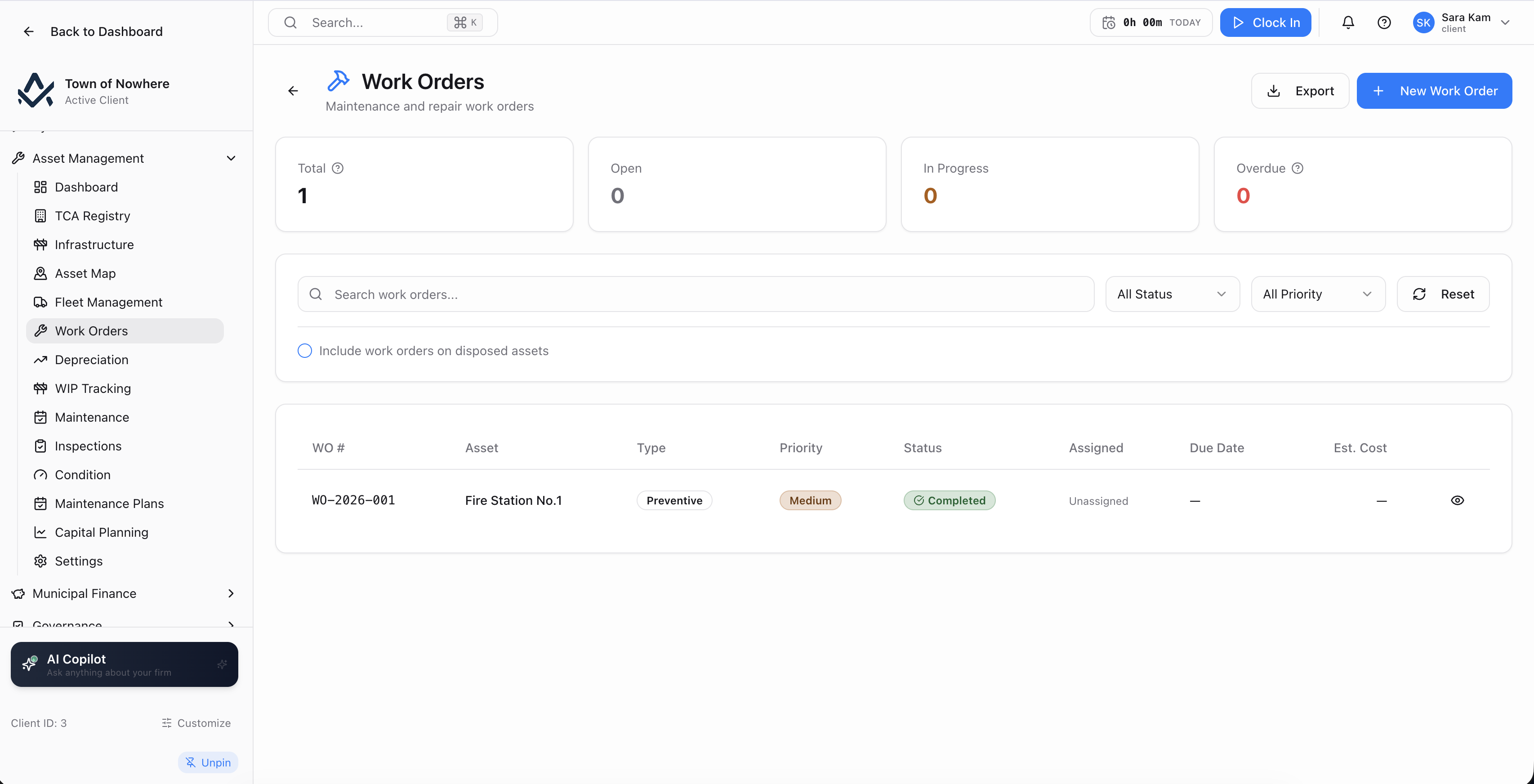 Work orders list showing work order number, asset, type, priority, status, assignee, due date and estimated cost