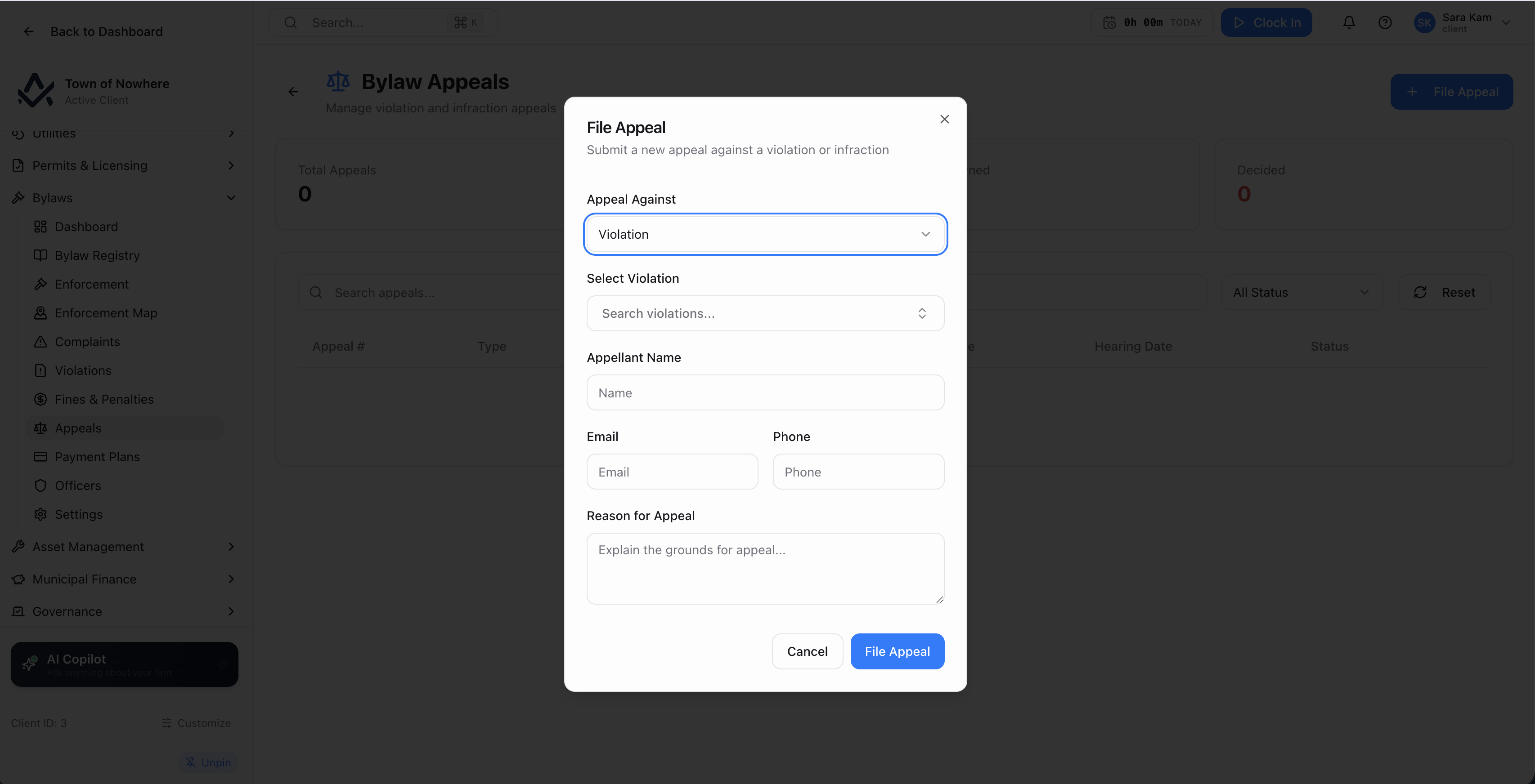 Bylaw appeals screen showing appeal number, type, appellant, reason, filed date, hearing date and status