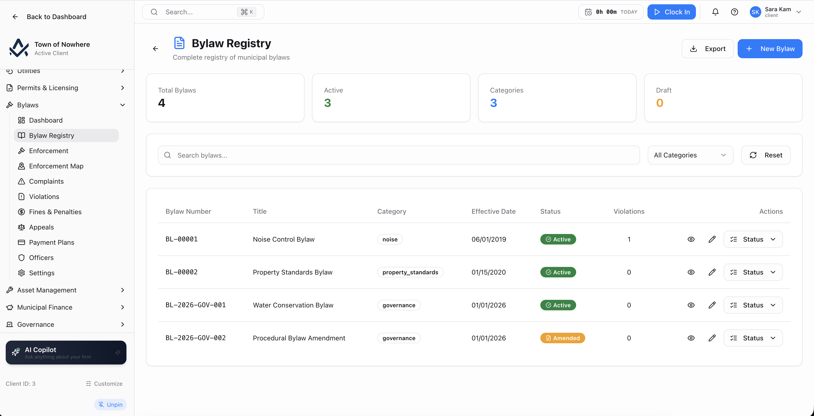 Bylaw registry listing bylaw number, title, category, effective date, status and violation count