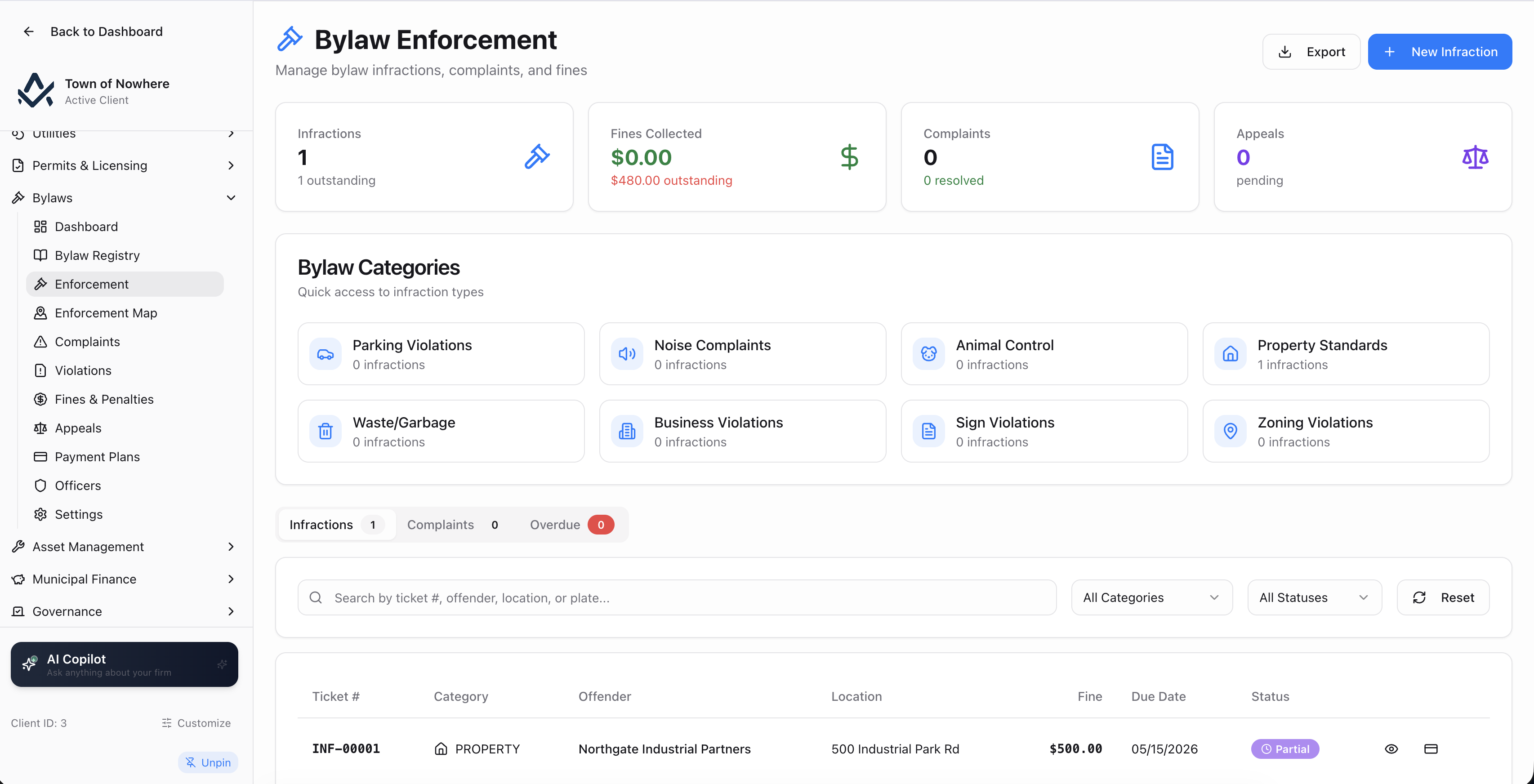 Bylaw enforcement console showing infractions with ticket number, category, offender, location, fine and status