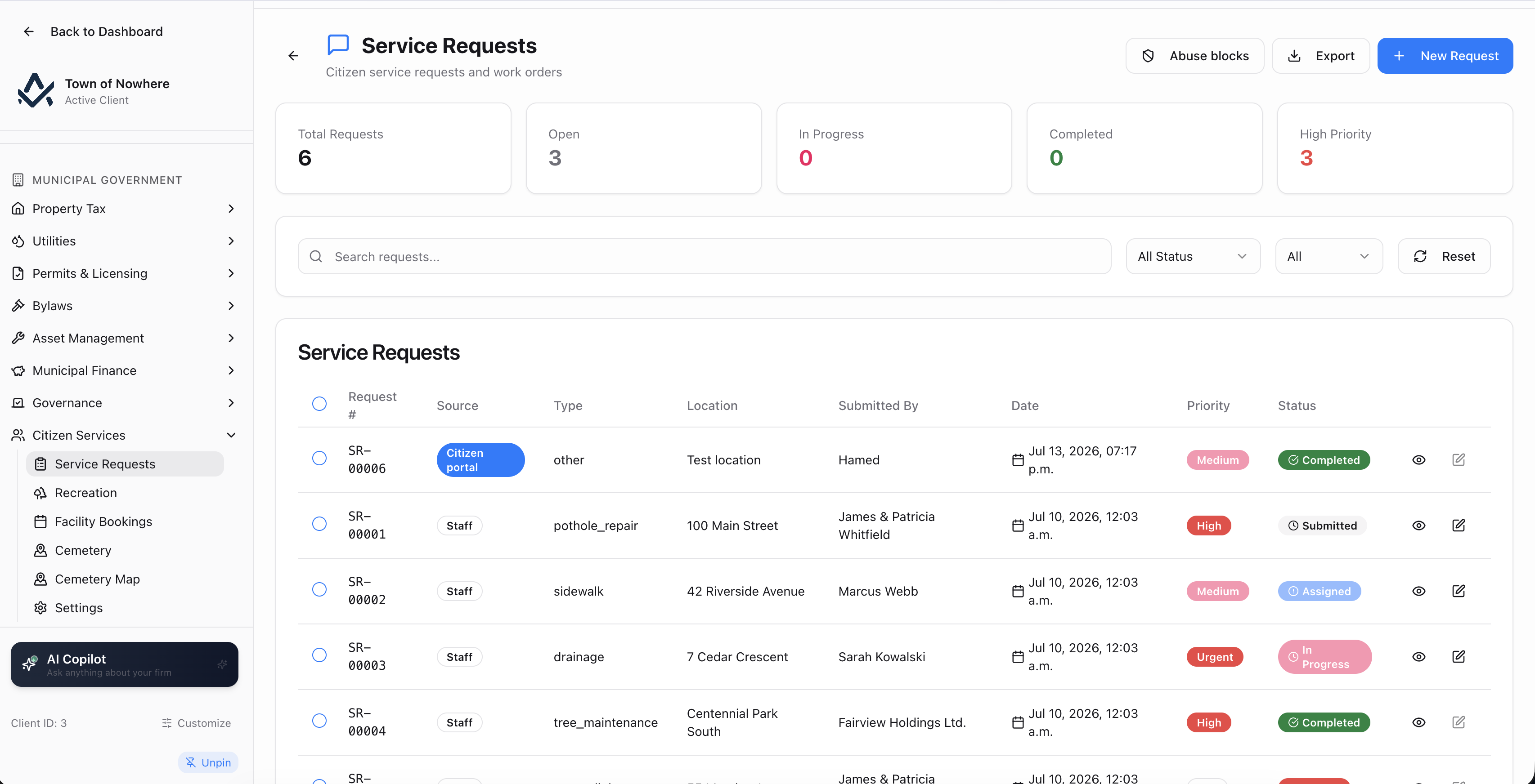 Service request queue showing request number, source, type, location, submitter, priority and status