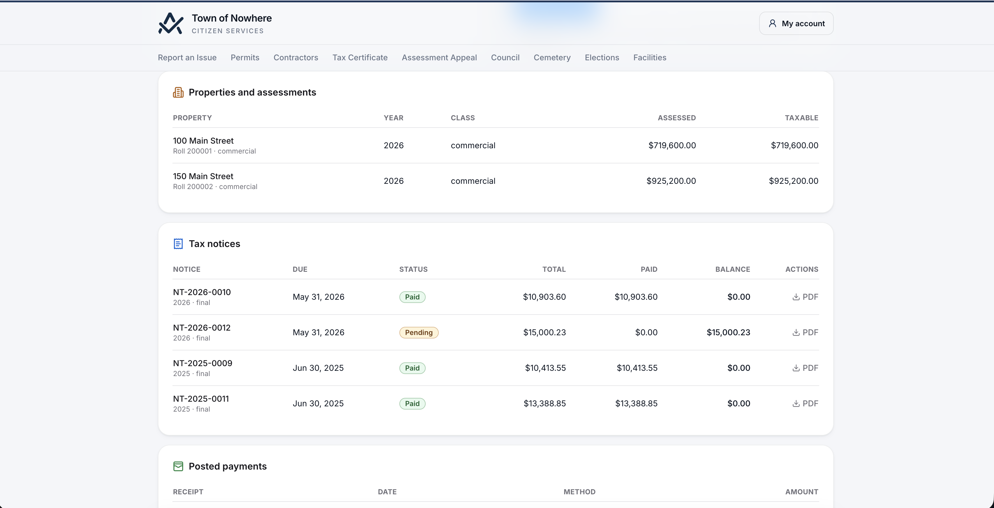 Citizen portal my property taxes page showing assessed value, notice balance, notice list and pay online button