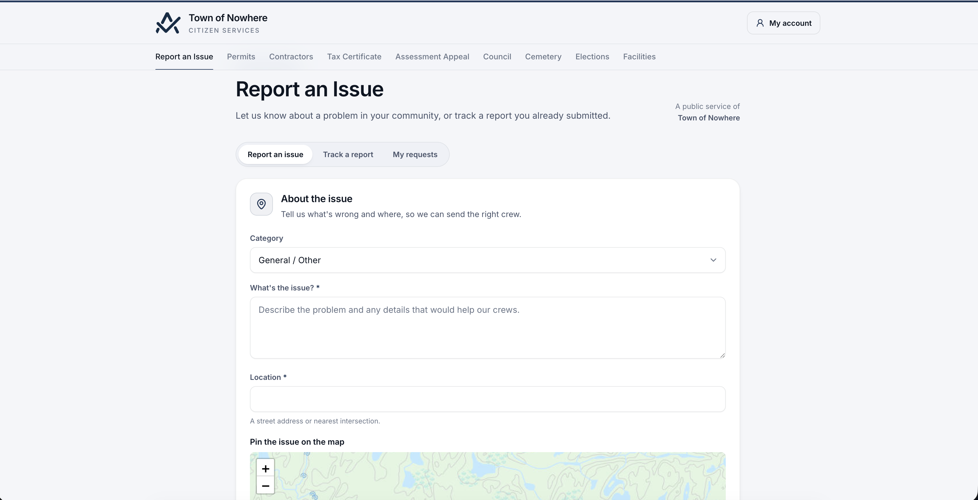 Citizen portal report an issue form with category, description, map pin, photo upload and nearby duplicate suggestions