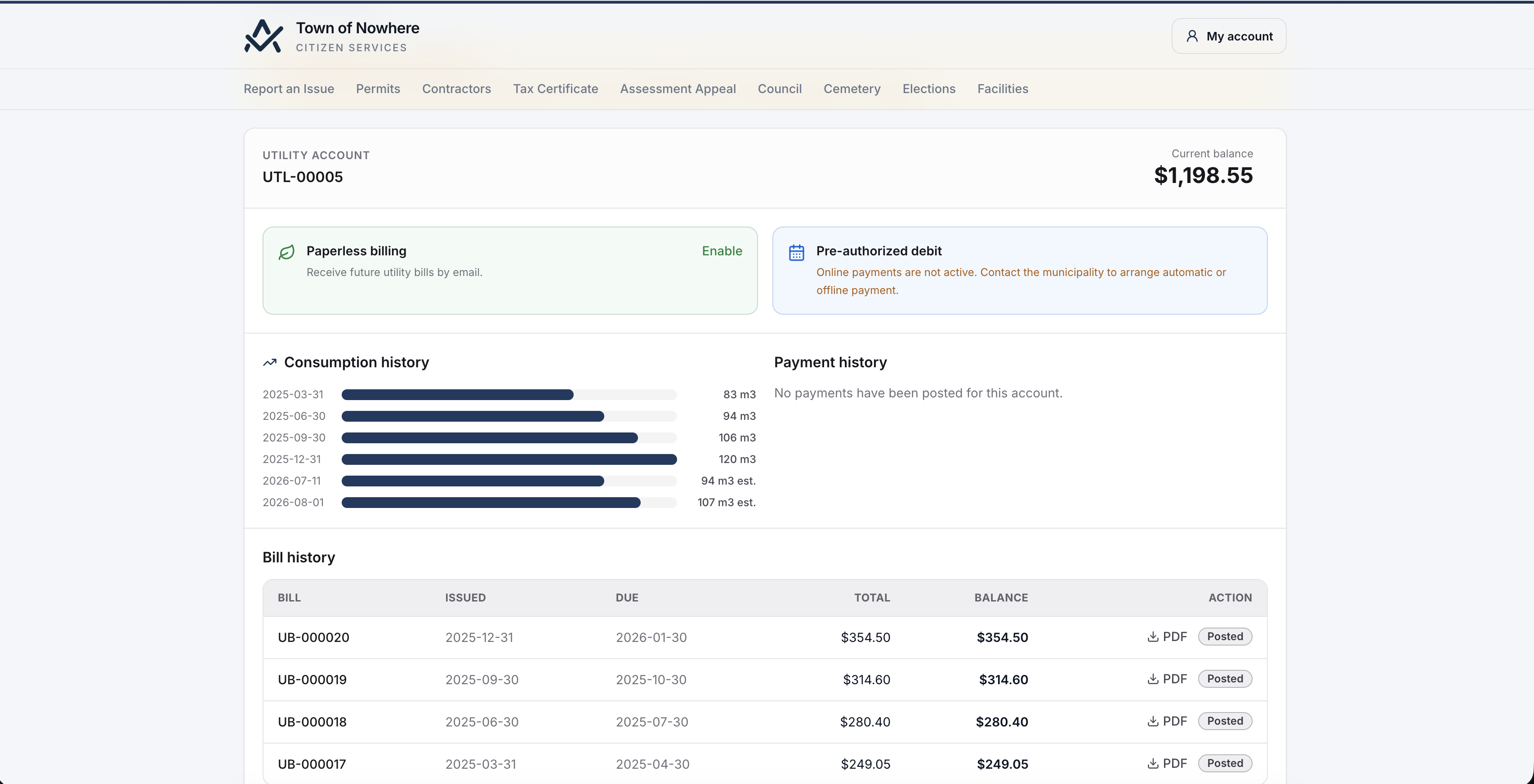 Citizen portal utilities page showing current balance, bill history, consumption chart and pay button