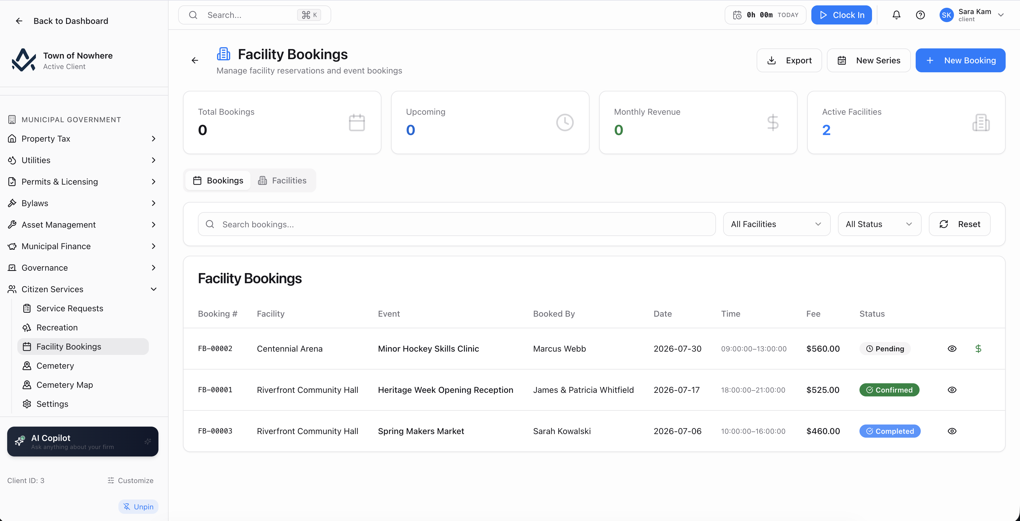 Facility bookings screen showing booking number, facility, event, date, time, fee and status