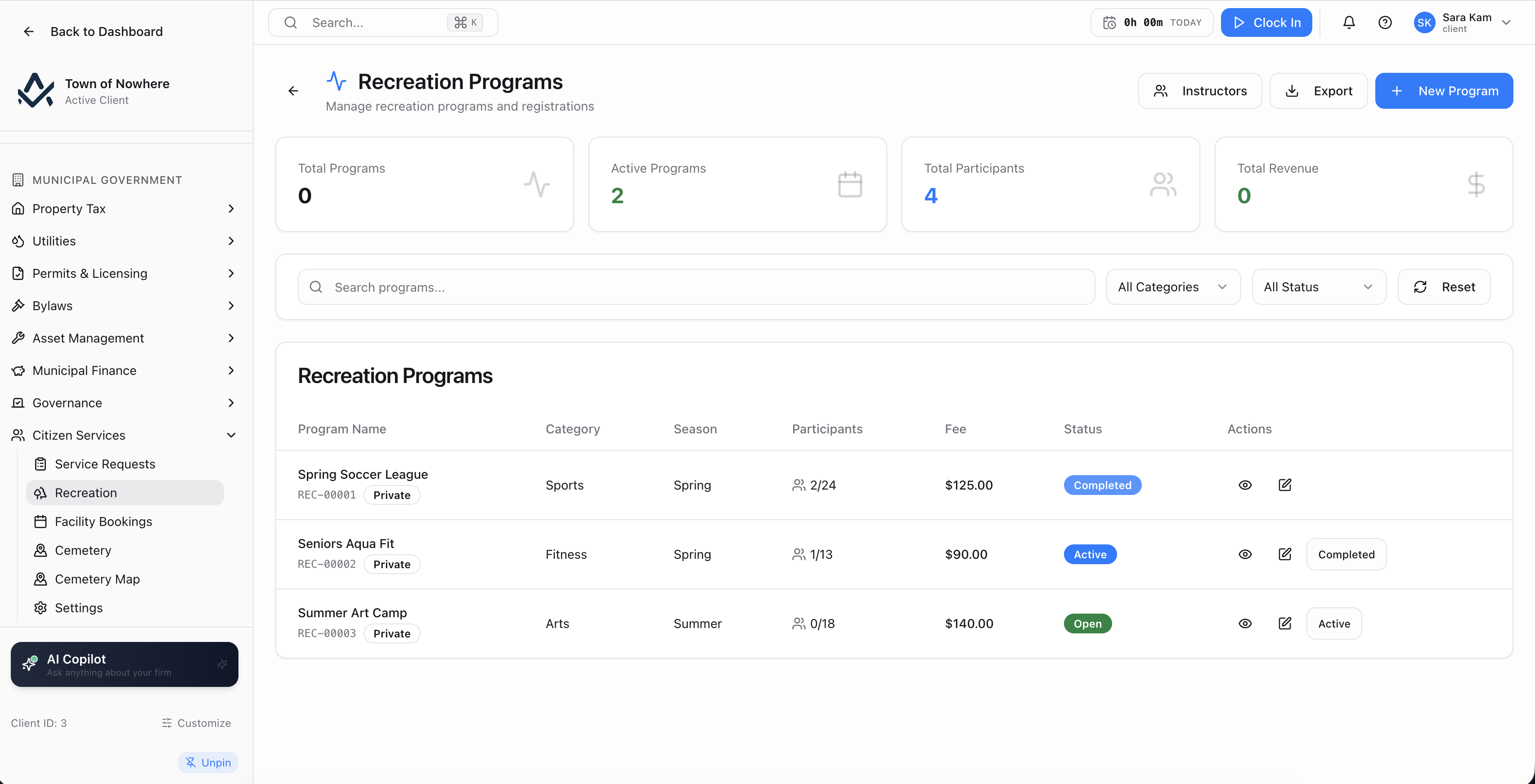 Recreation program detail showing overview, registrations, waitlist and schedule tabs