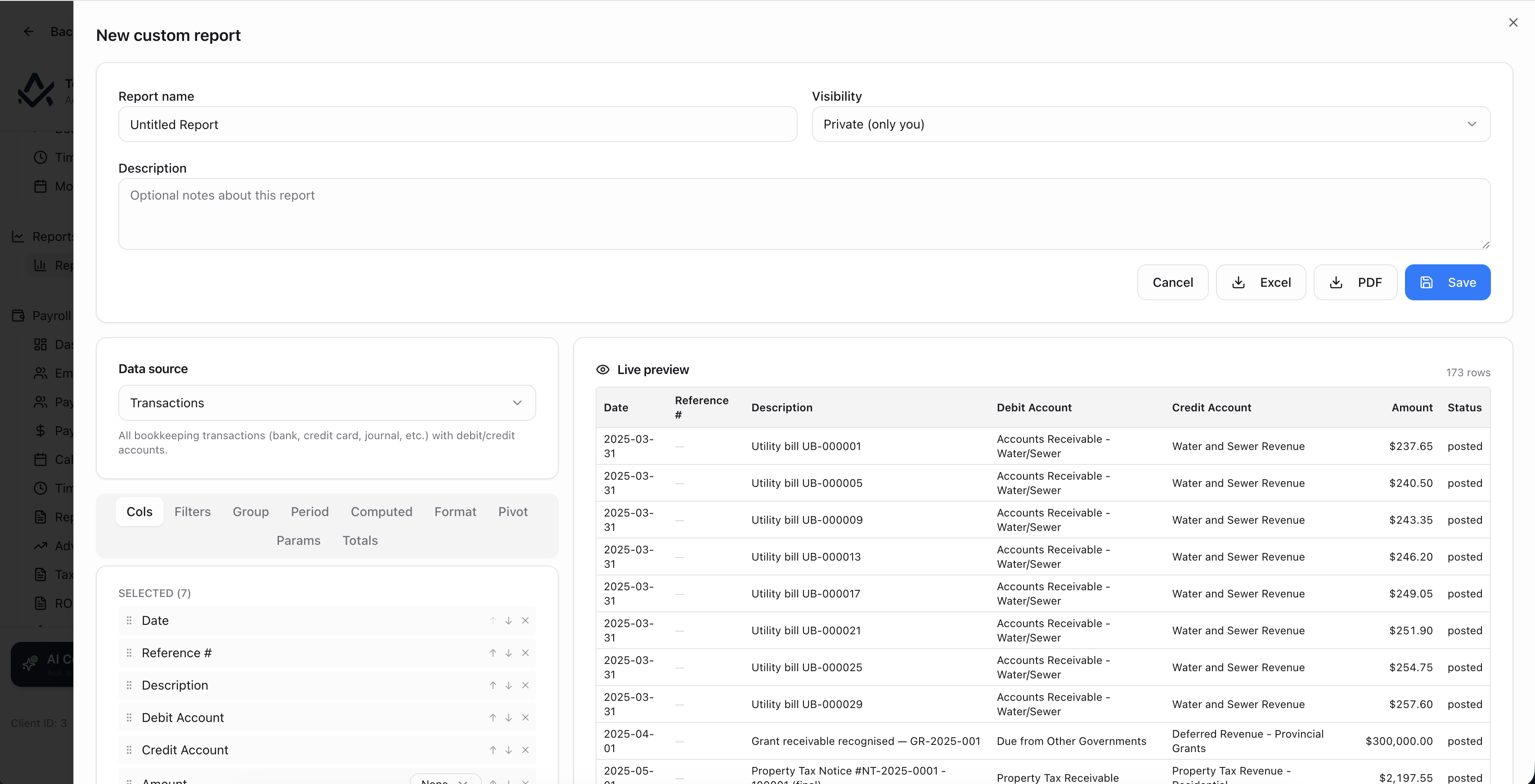 Custom report builder showing municipal data sources available for reporting