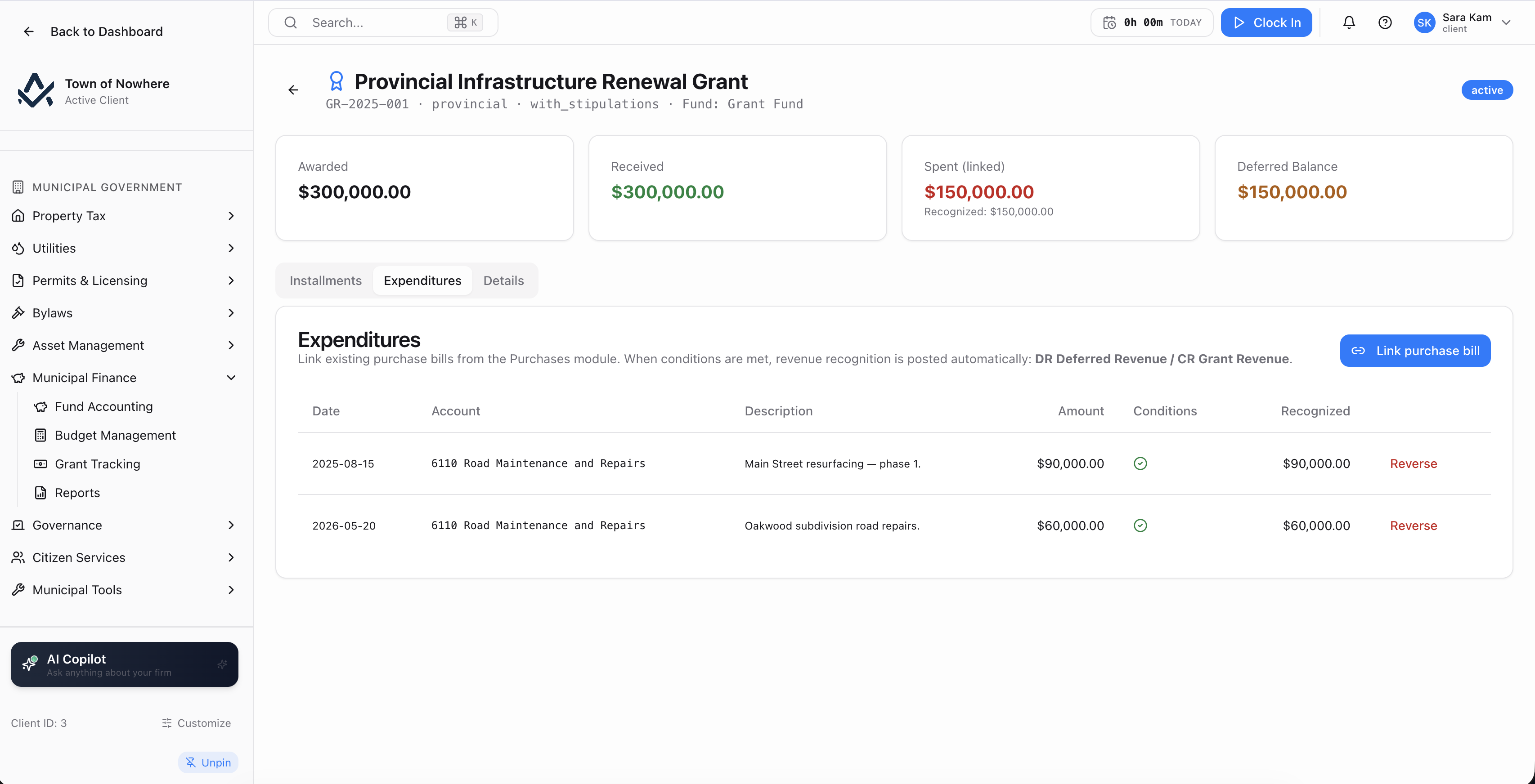 Grant tracking screen listing grants with source, category, fund, awarded, received, spent and deferred amounts
