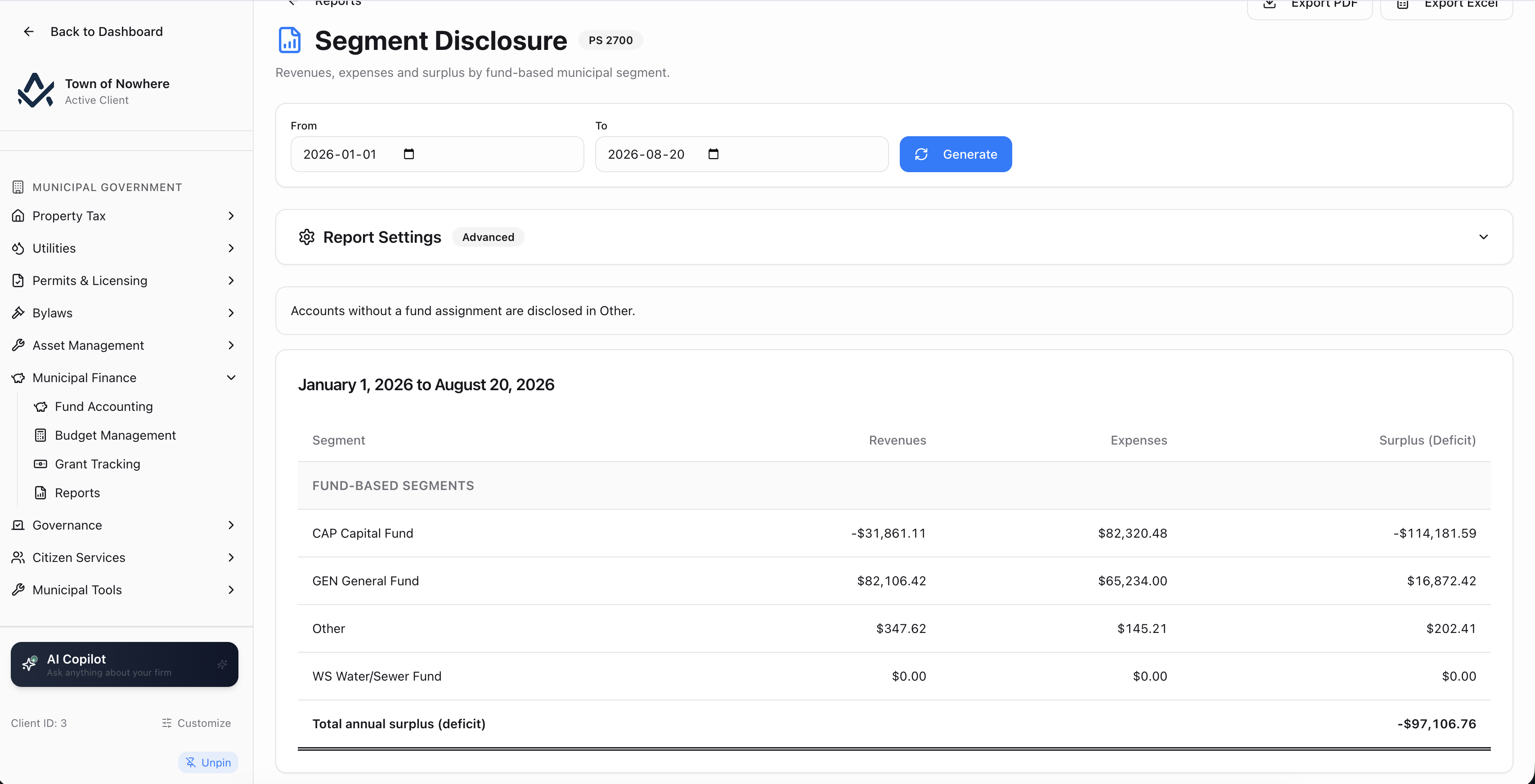 Segment disclosure report showing revenues, expenses and surplus by municipal segment