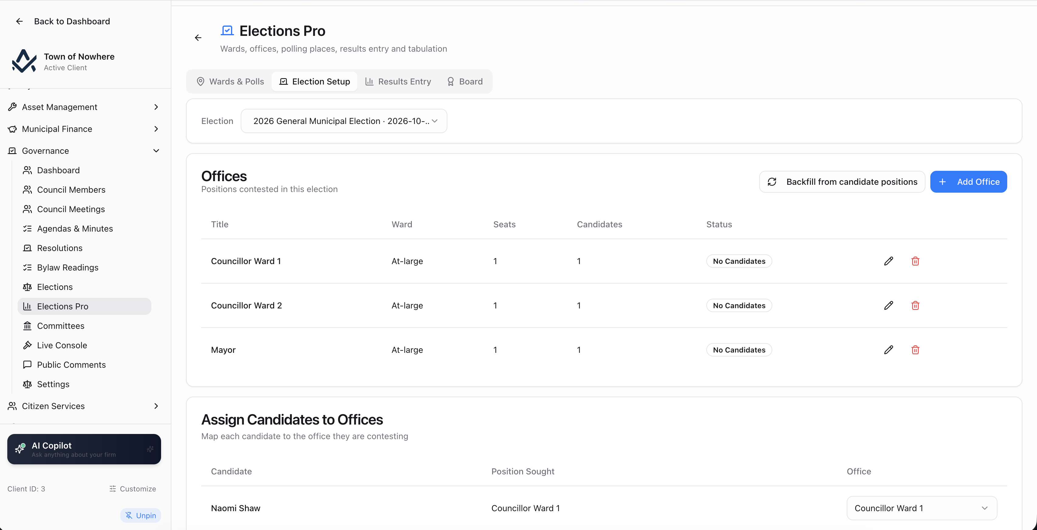 Elections Pro results entry grid showing candidates, polling places, votes and tabulation status