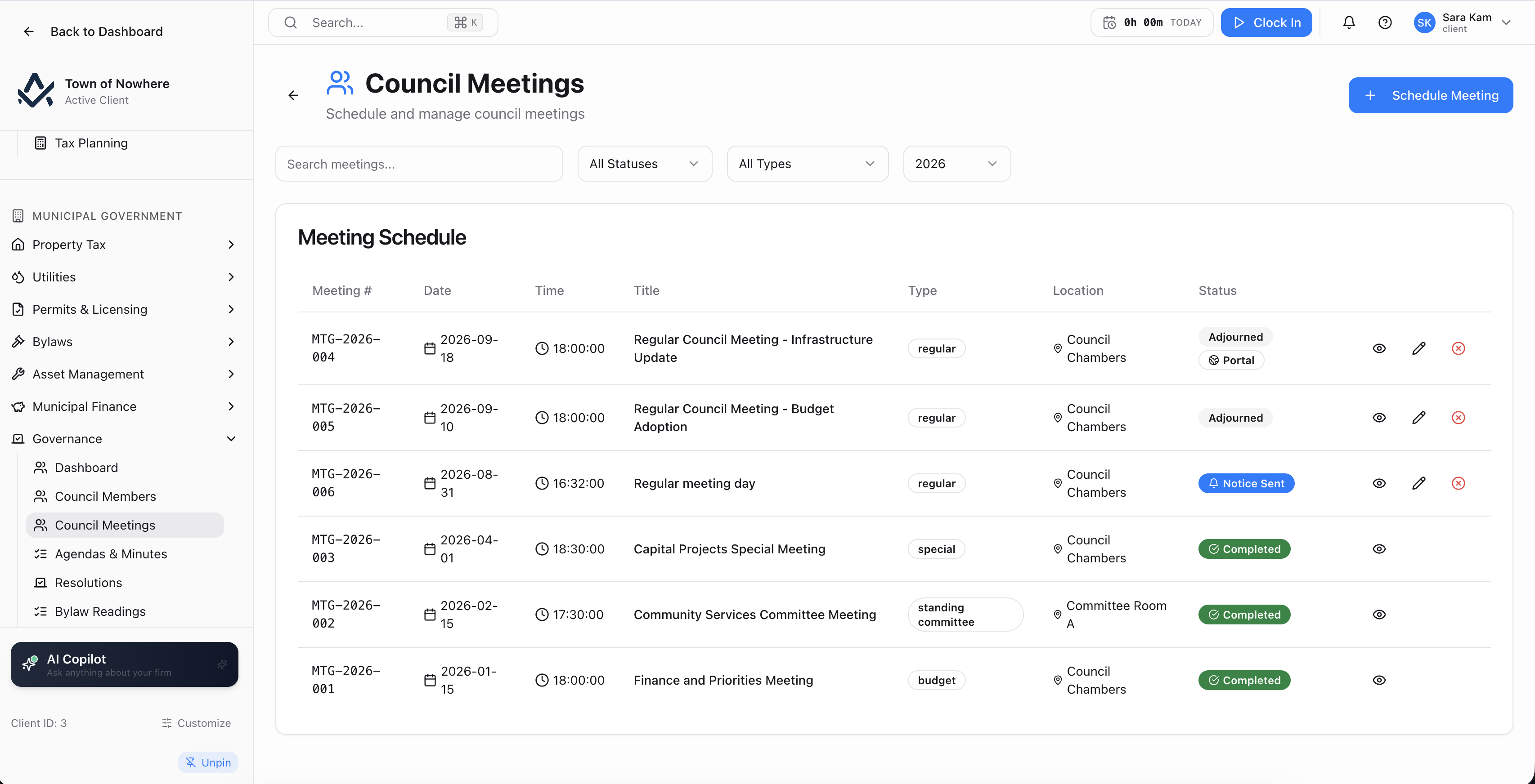 Council meetings list showing meeting number, date, time, title, type, location and status