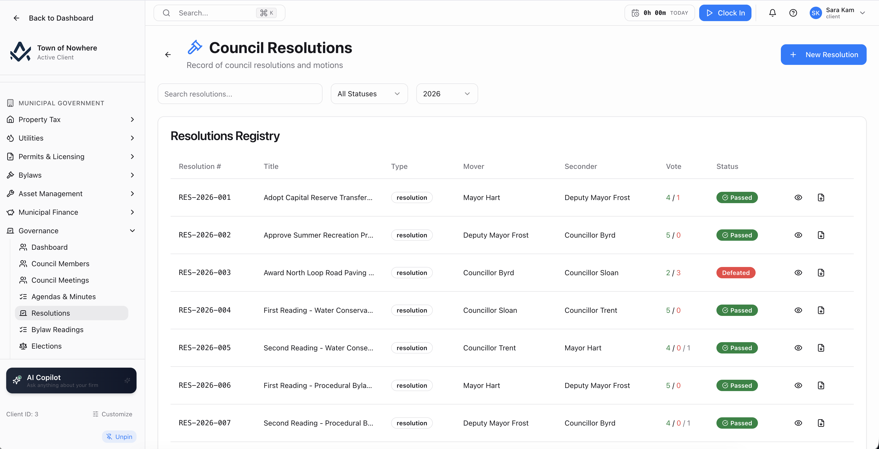 Resolutions registry showing resolution number, title, type, mover, seconder, vote and status