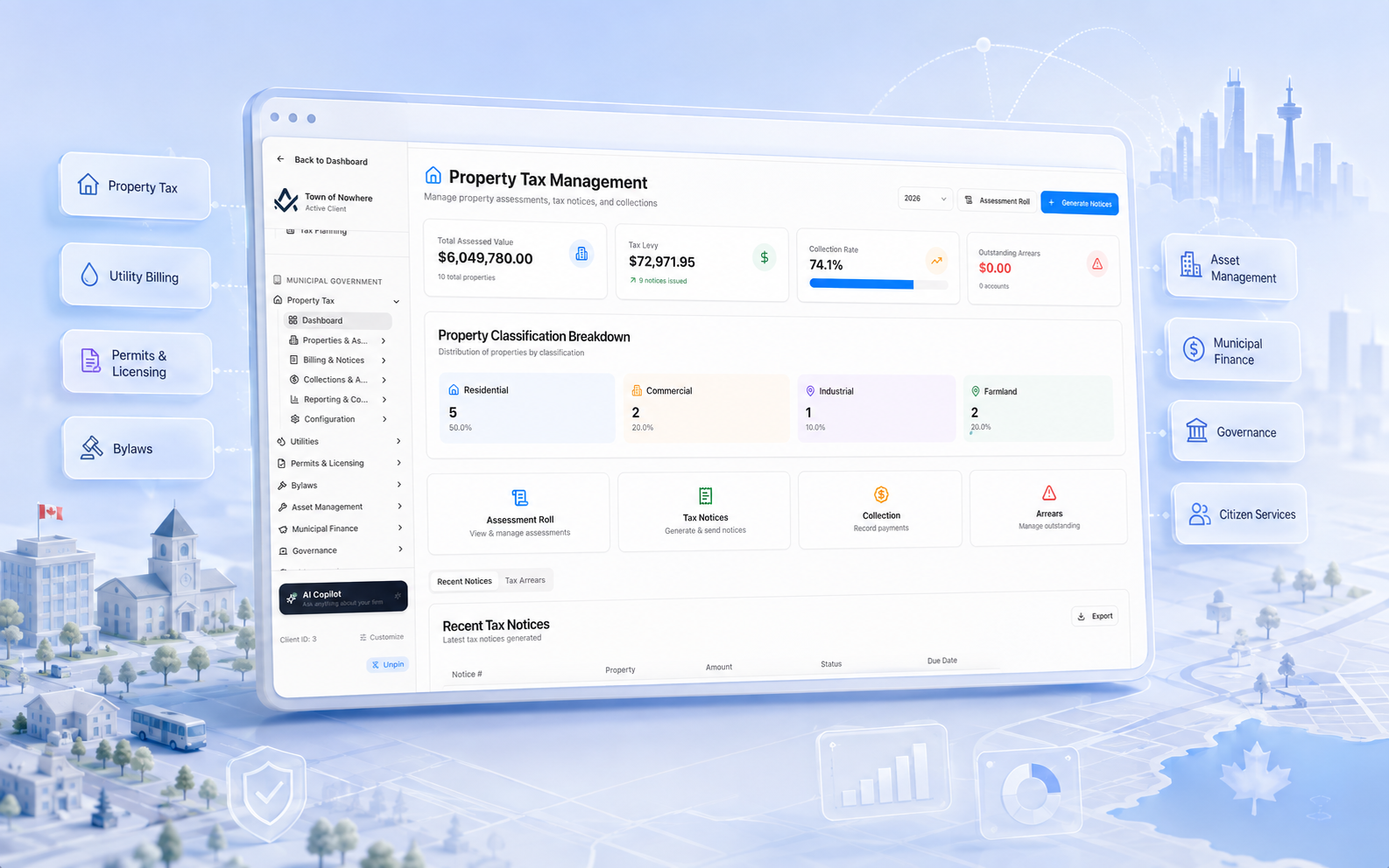 Awditify Municipal property tax dashboard showing levy, collection rate, arrears and recent notices