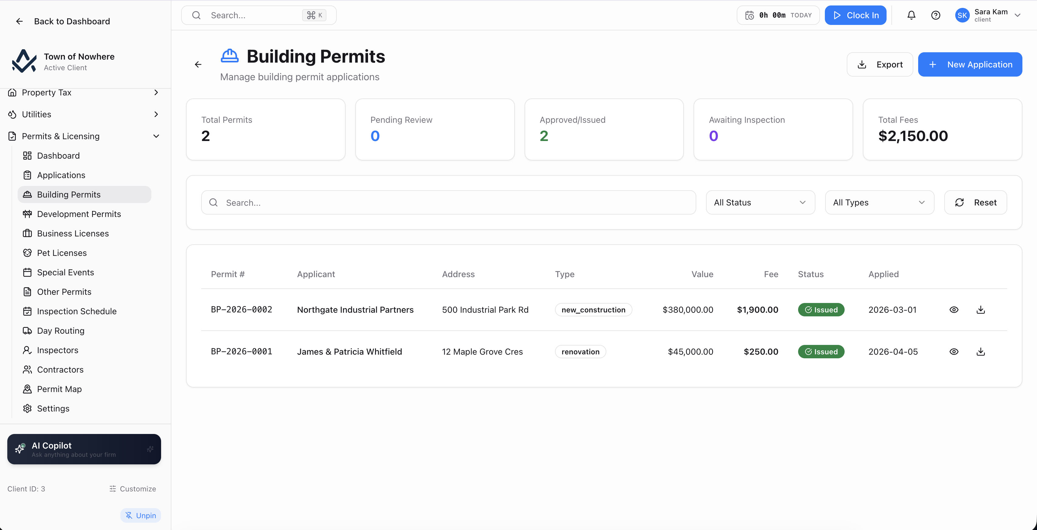 Building permits list with permit number, applicant, address, permit type, estimated value and status