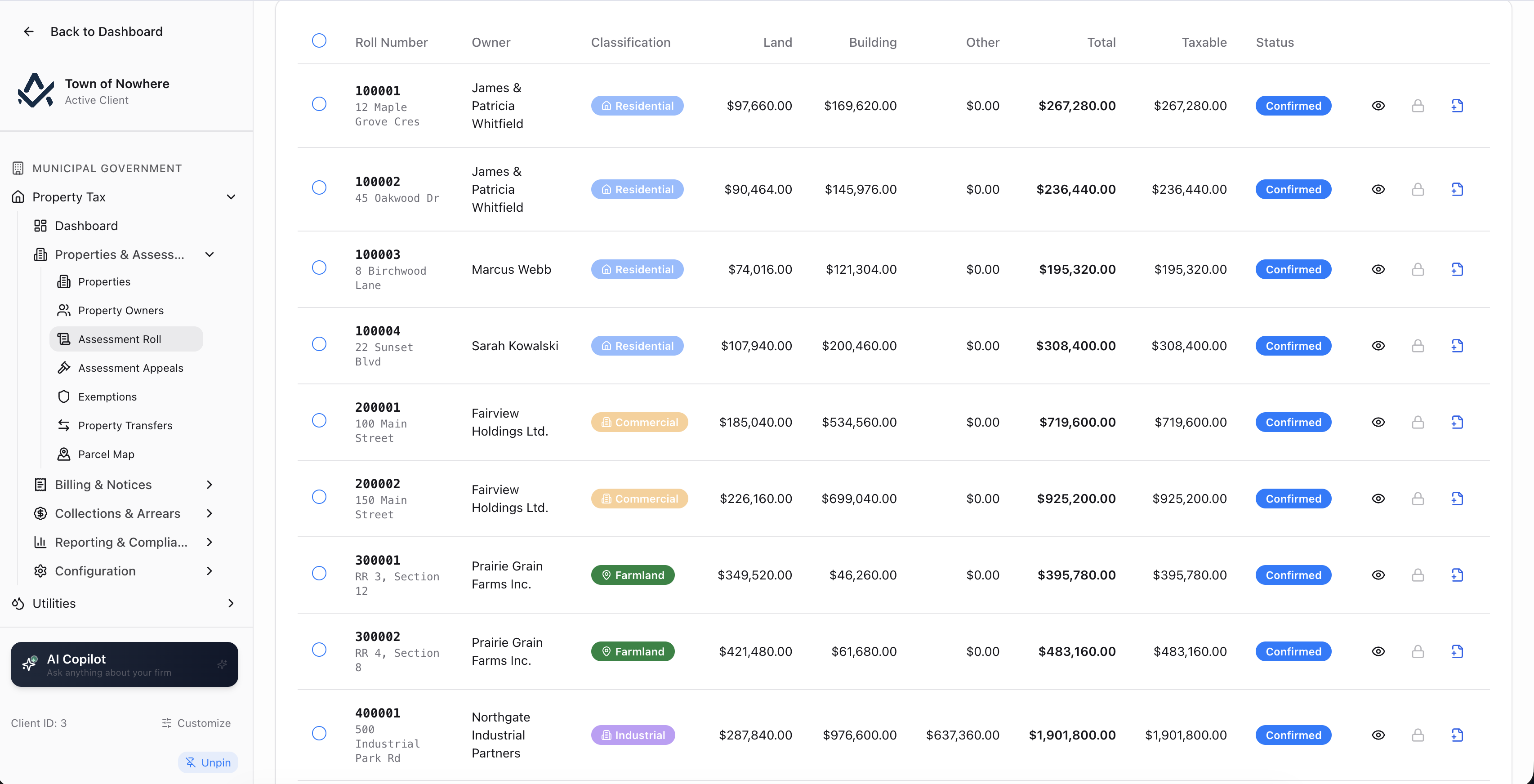 Assessment roll screen listing roll number, owner, classification, land, building, total and taxable values
