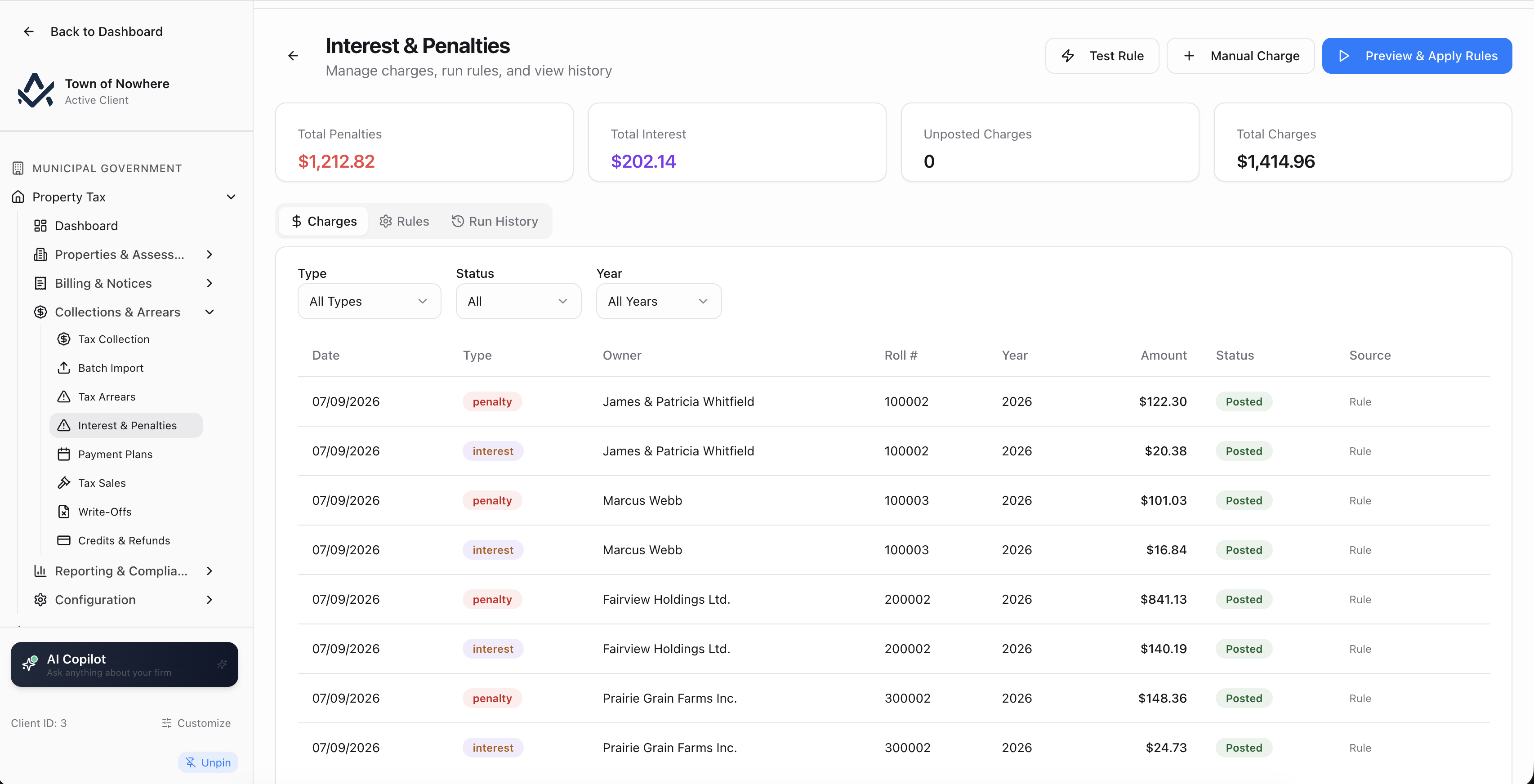 Interest and penalties screen showing charge rules with method, rate, trigger, compound-on basis and cap