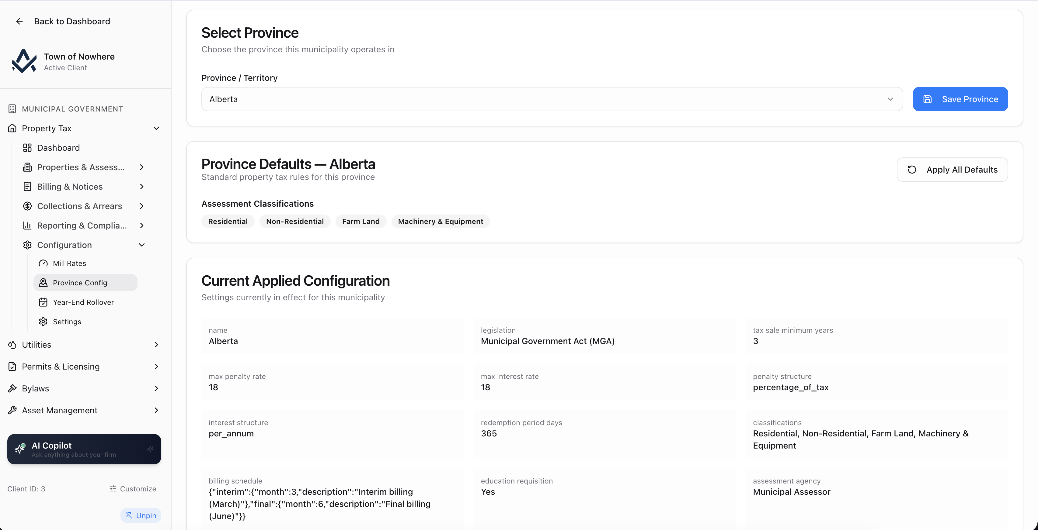 Province configuration screen showing statutory defaults for a selected Canadian province