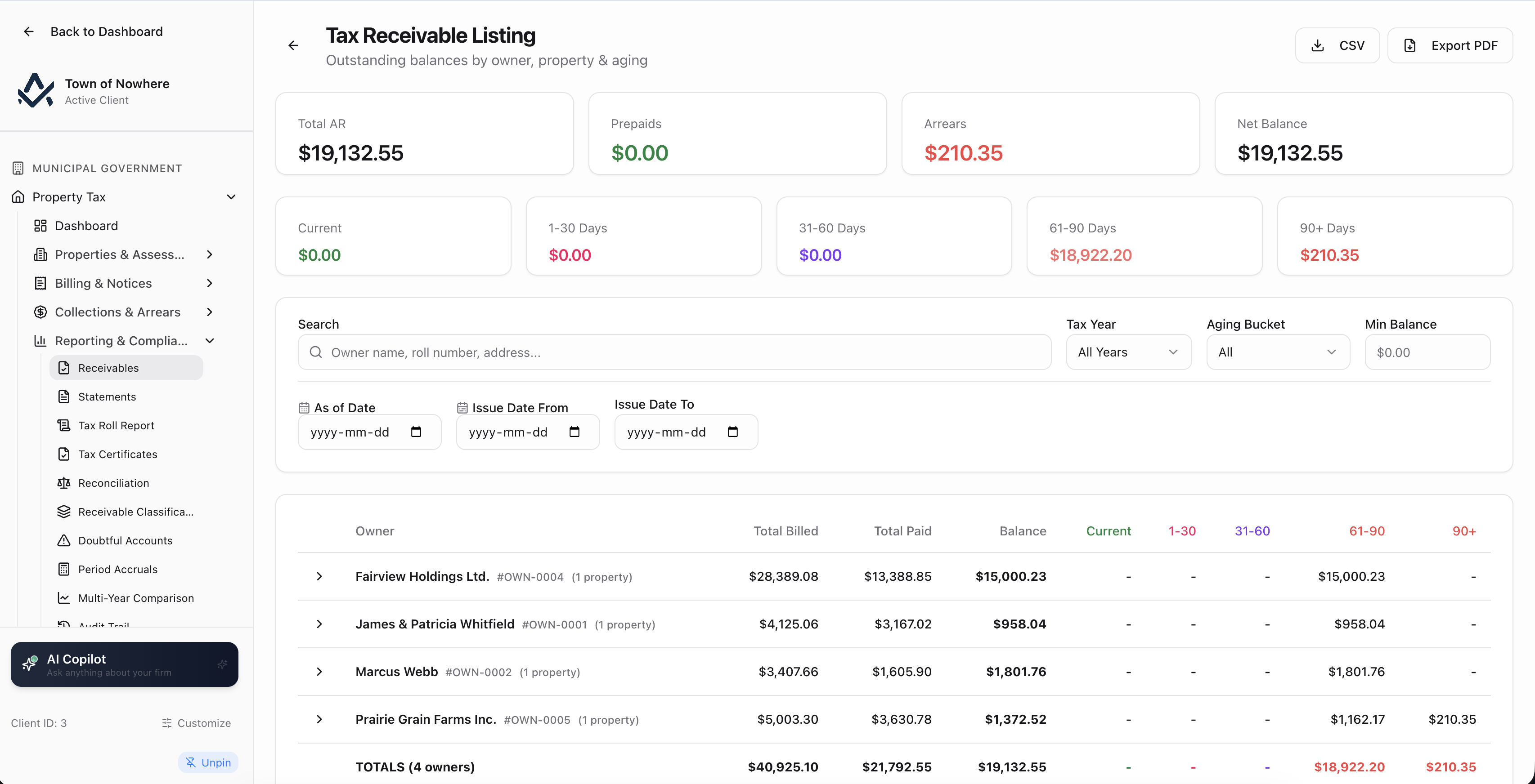 Receivables screen showing owner-level balances with aging buckets and a transaction detail drill-down