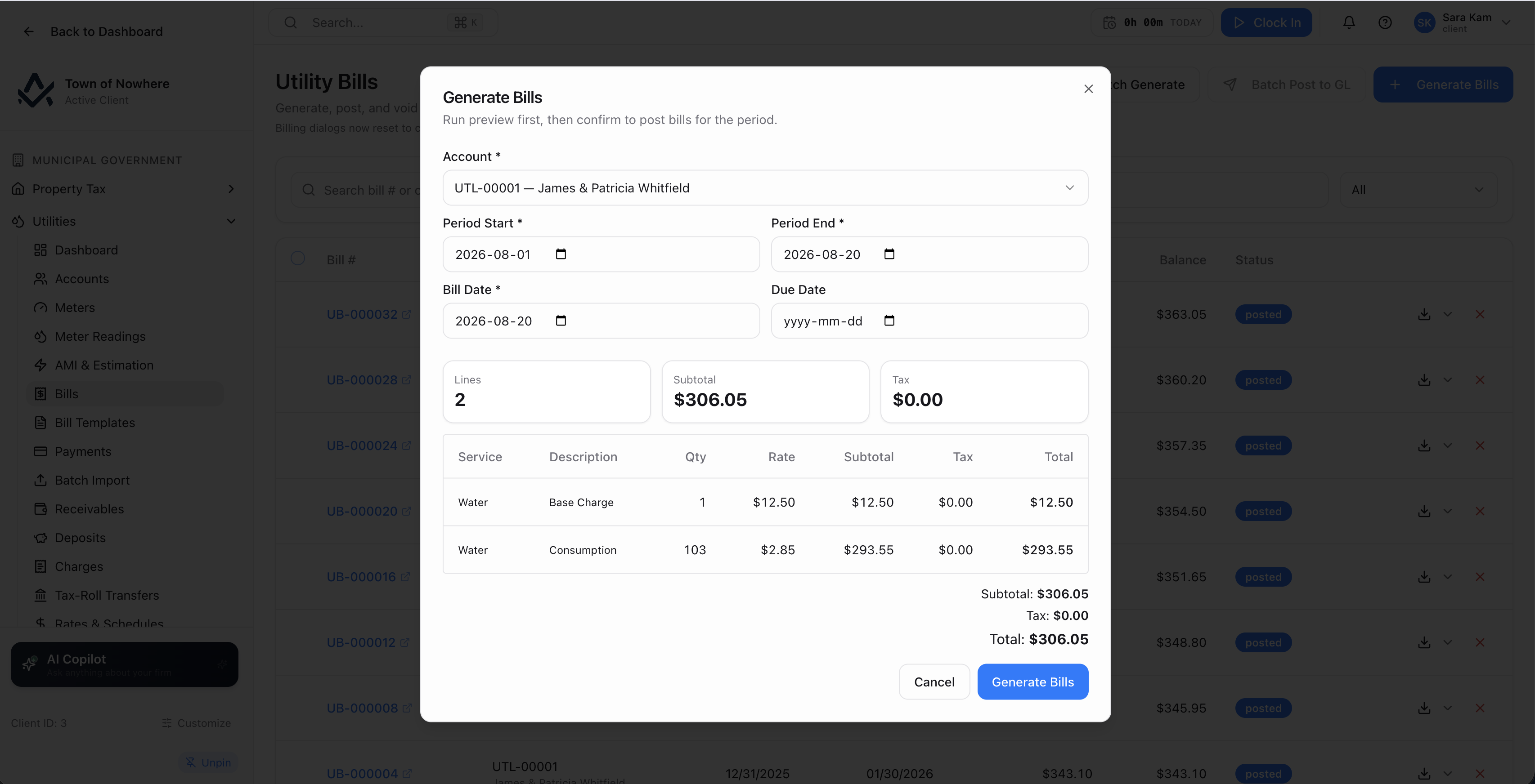 Batch bill generation preview showing accounts, service type, period and totals before posting
