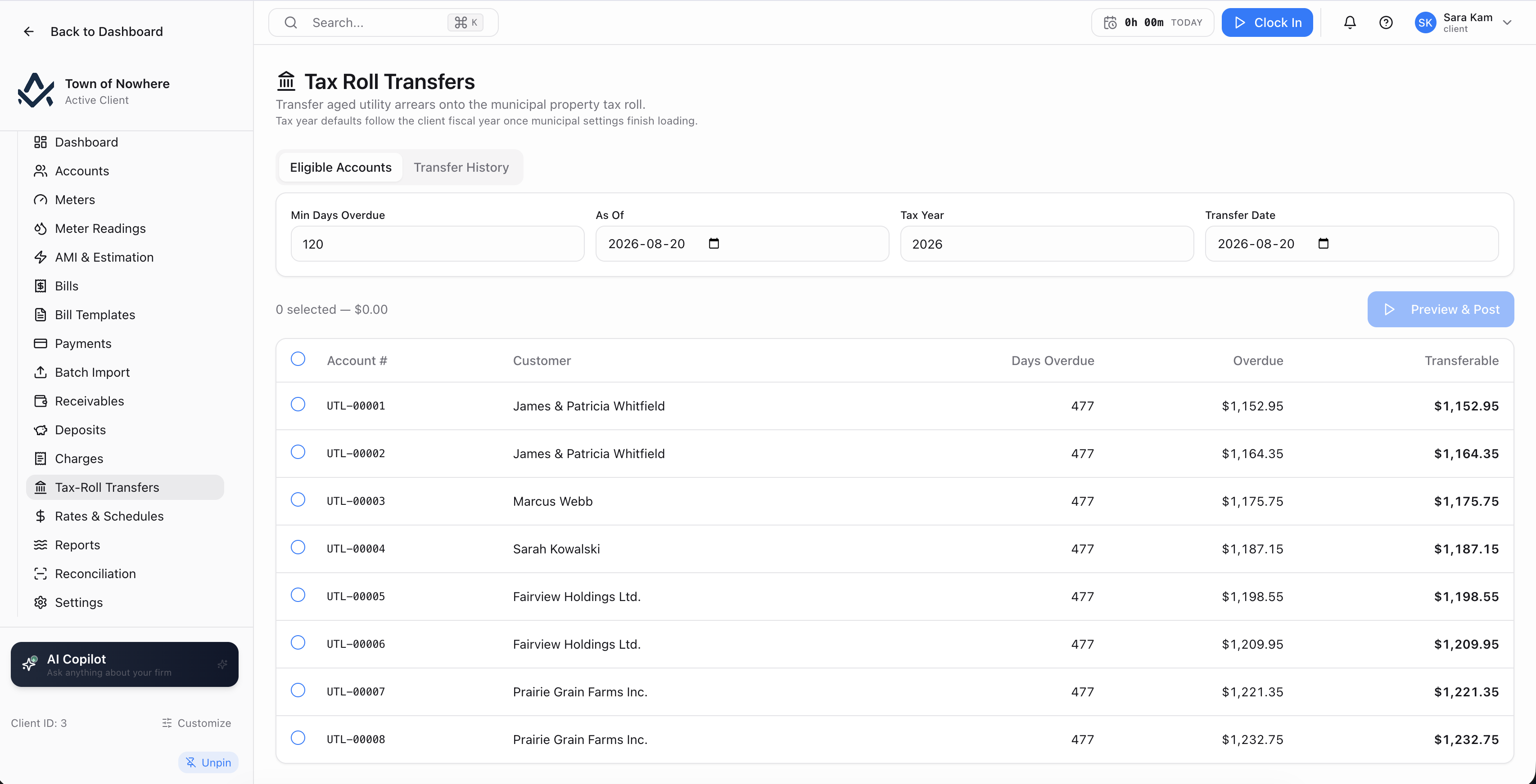 Tax-roll transfer screen listing eligible utility accounts with days overdue and transferable amounts
