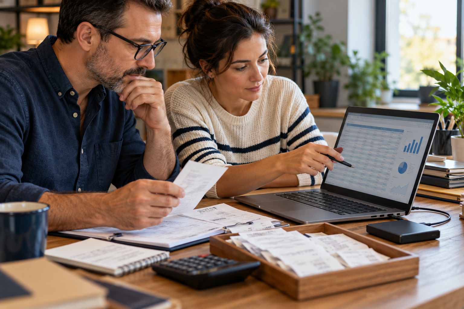 A Canadian small-business owner and bookkeeper reviewing digital financial records, receipts and backup files at a desk.