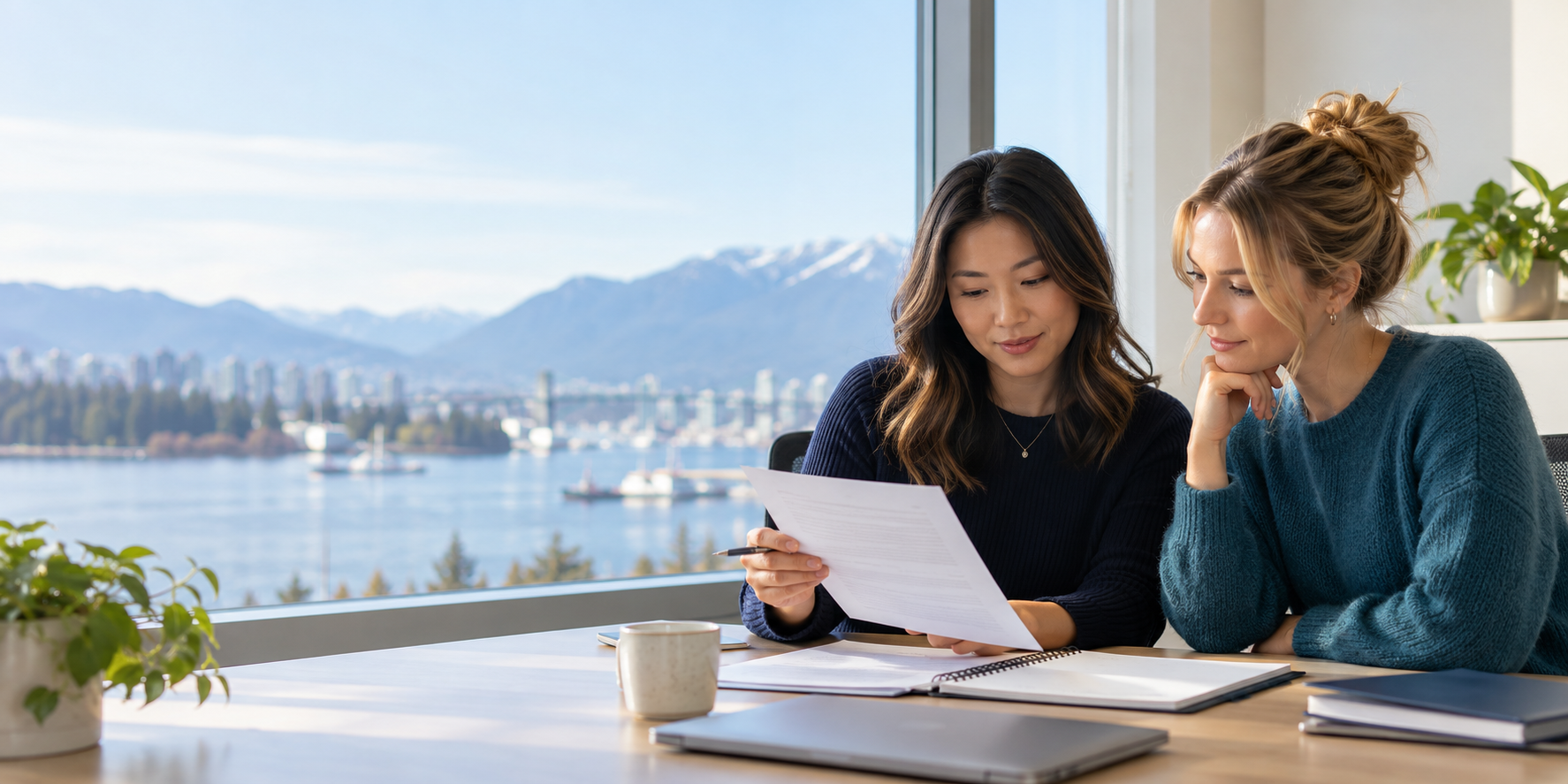 Two bookkeepers in a British Columbia office review an invoice and accounting notes.
